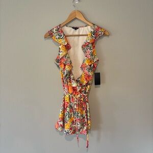 GUESS Floral Print Faux Wrap Romper with Shorts and Ruffle Accents NWT Sz Small